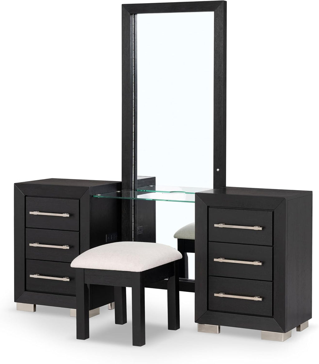 Furniture of America Lyle Modern Solid Wood 6-Drawer Makeup Vanity Set with Storage Stool and LED Full-Length Mirror, Wooden Dresser with USB Ports and Power Outlet for Bedroom, Guest Room, Black