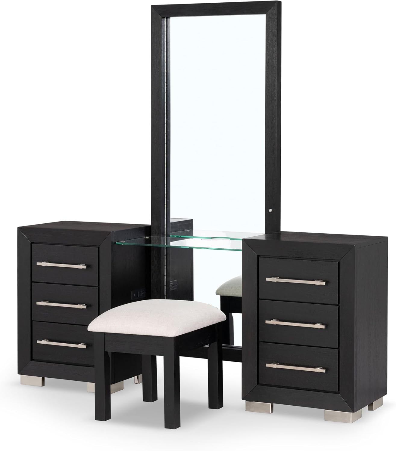 Furniture of America Lyle Modern Solid Wood 6-Drawer Makeup Vanity Set with Storage Stool and LED Full-Length Mirror, Wooden Dresser with USB Ports and Power Outlet for Bedroom, Guest Room, Black