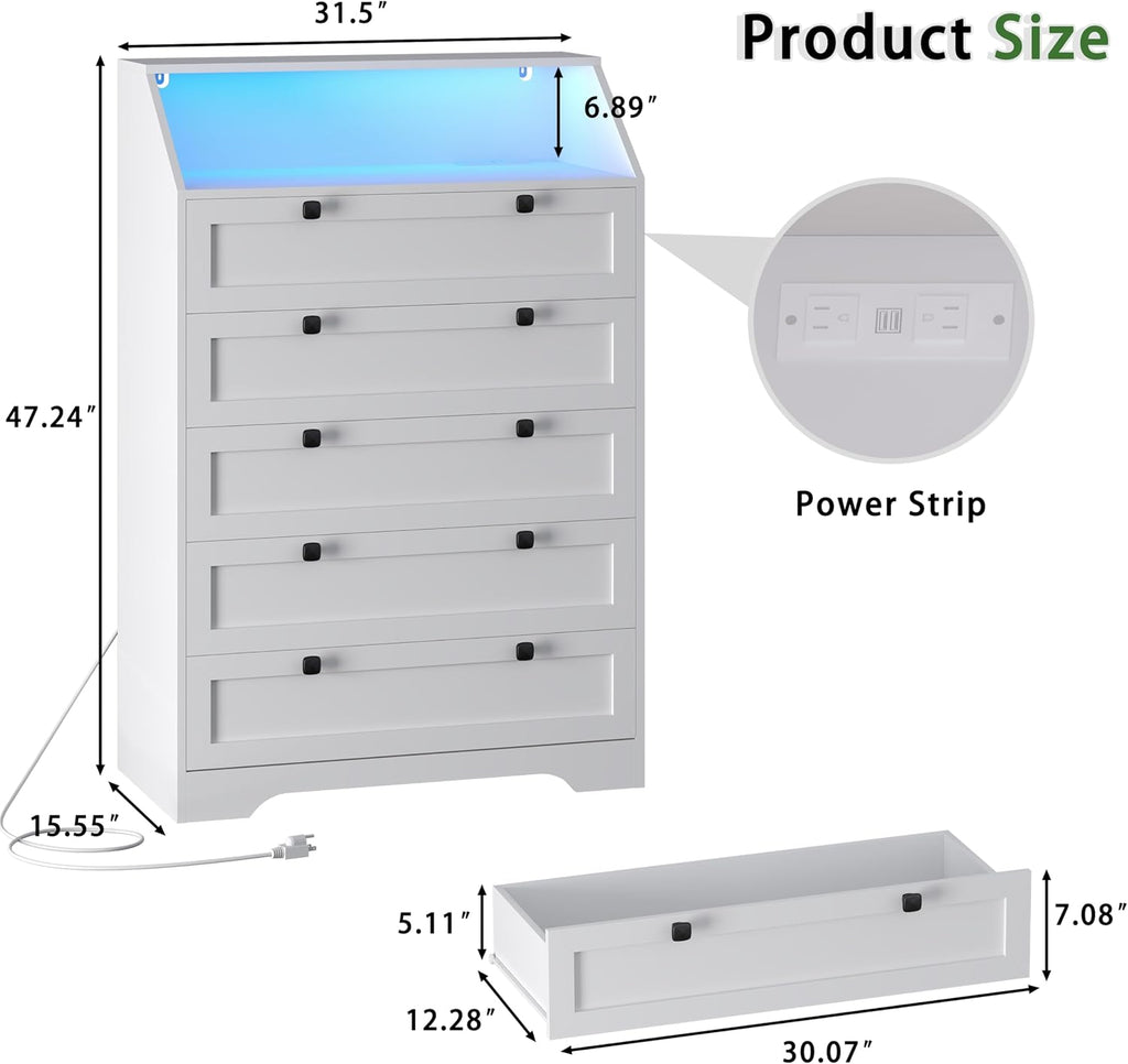 Wodeer White Dresser Tall 5 Drawer Dresser for Bedroom, Wood Chest of Drawers with LED Lights, Charging Station, Metal Handles, Modern Storage Cabinet and Organizer Drawers for Living Room, Hallway