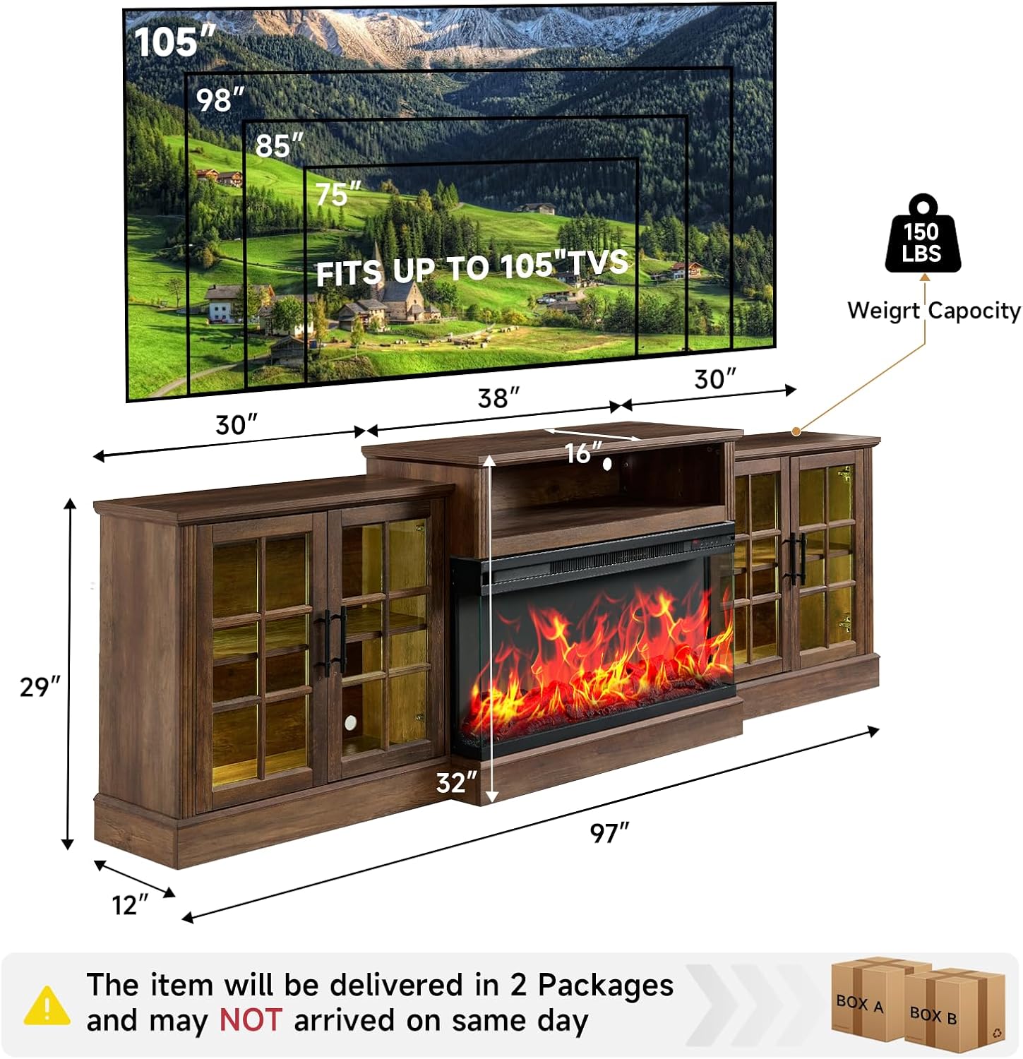 ROCKPOINT 97' Classical Farmhouse Fireplace TV Stand with 3 Sided Glass 36' Electric Fireplace Heater for TVs up to 100',Entertainment Center with Adjustable Shelves and Storage Cabinets,Espresso