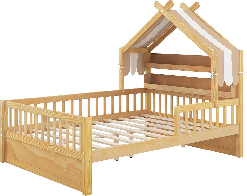Merax Twin Size House Bed with Storage Headboard Shelf & Removable Canopy, Wooden Platform Bed Frame with Guardrail for Boys Girls Teens Bedroom Use, No Box Spring Needed, Natural