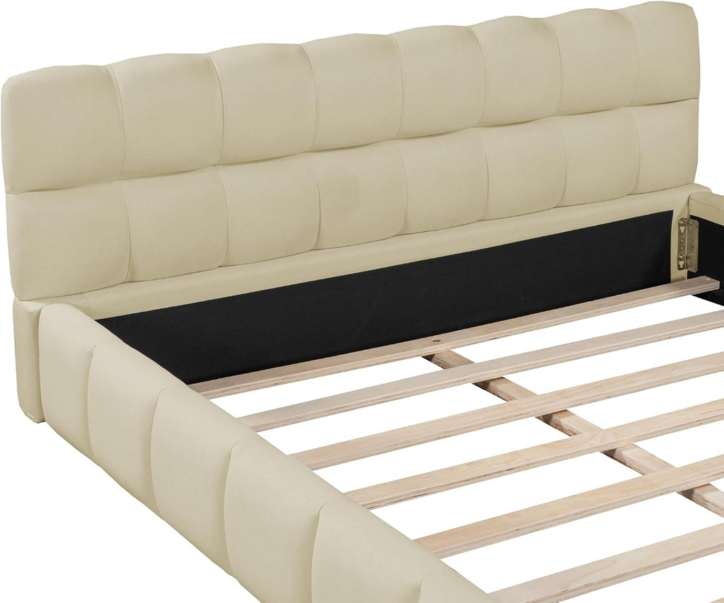 Queen Size Upholstered Platform Bed with Thick Fabric, Grounded Bed with Solid Frame,Wood Slat Support, No Box Spring Needed,Easy Assembly,Bedroom Set (C+Beige)