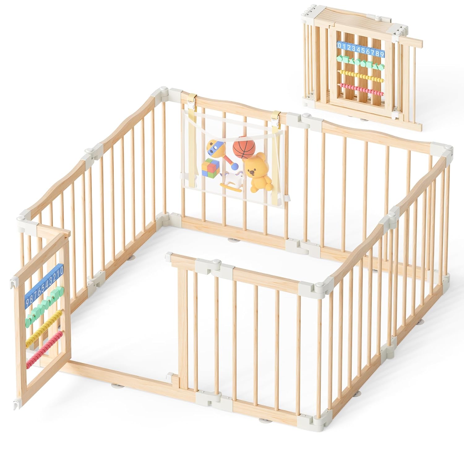 Wooden Baby Playpen 50 × 50 Inches, Foldable Playpen Fence with Cute Digital Blocks & Storage Bag, Wooden Baby Gate, Multi-Shape Play Yard for Babies and Toddlers Indoor Outdoor