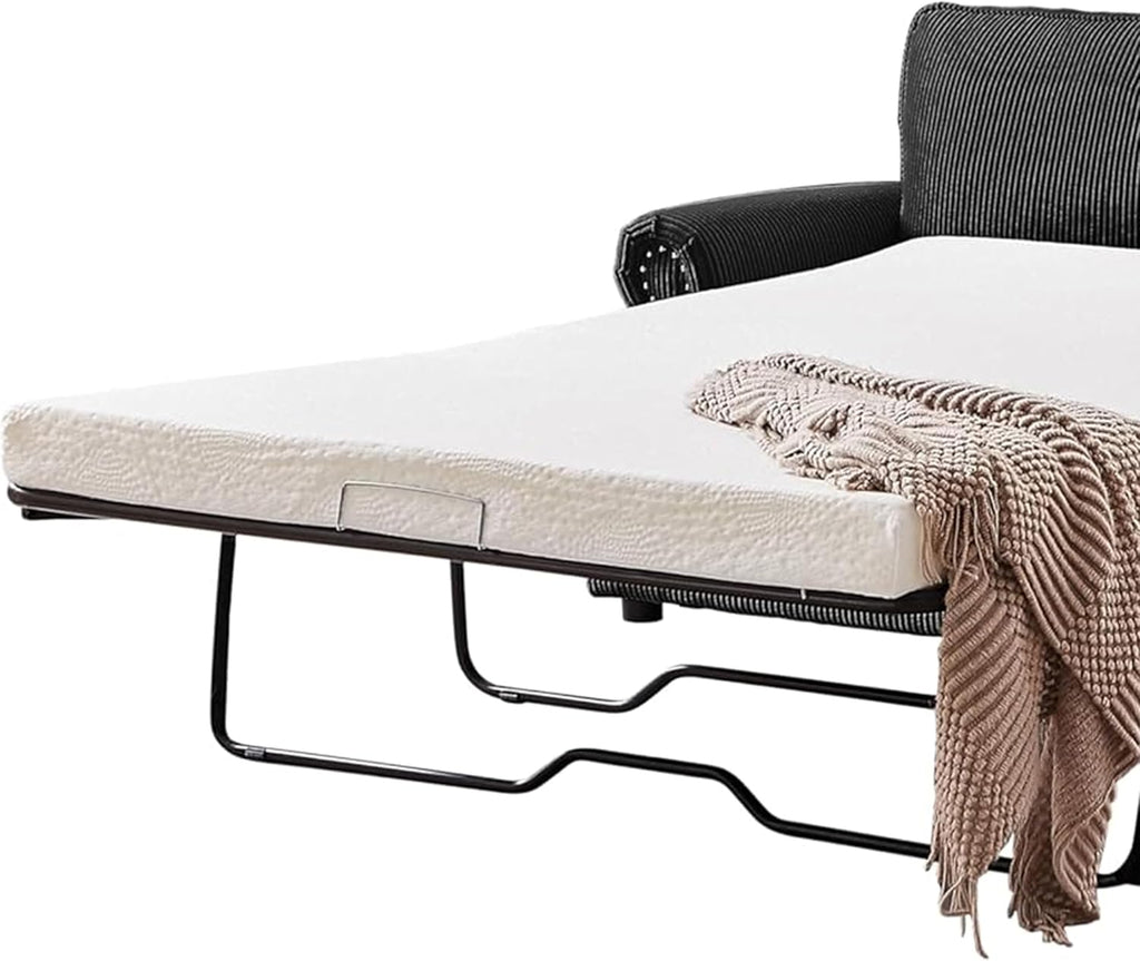 Reversible Sleeper Sofa Bed with Comfortable Memory Foam Mattress, Convertible Corduroy Full Size Pull Out Couch for Living Room, Space Saving Furniture, 76' Wide, Rounded Arms, Black