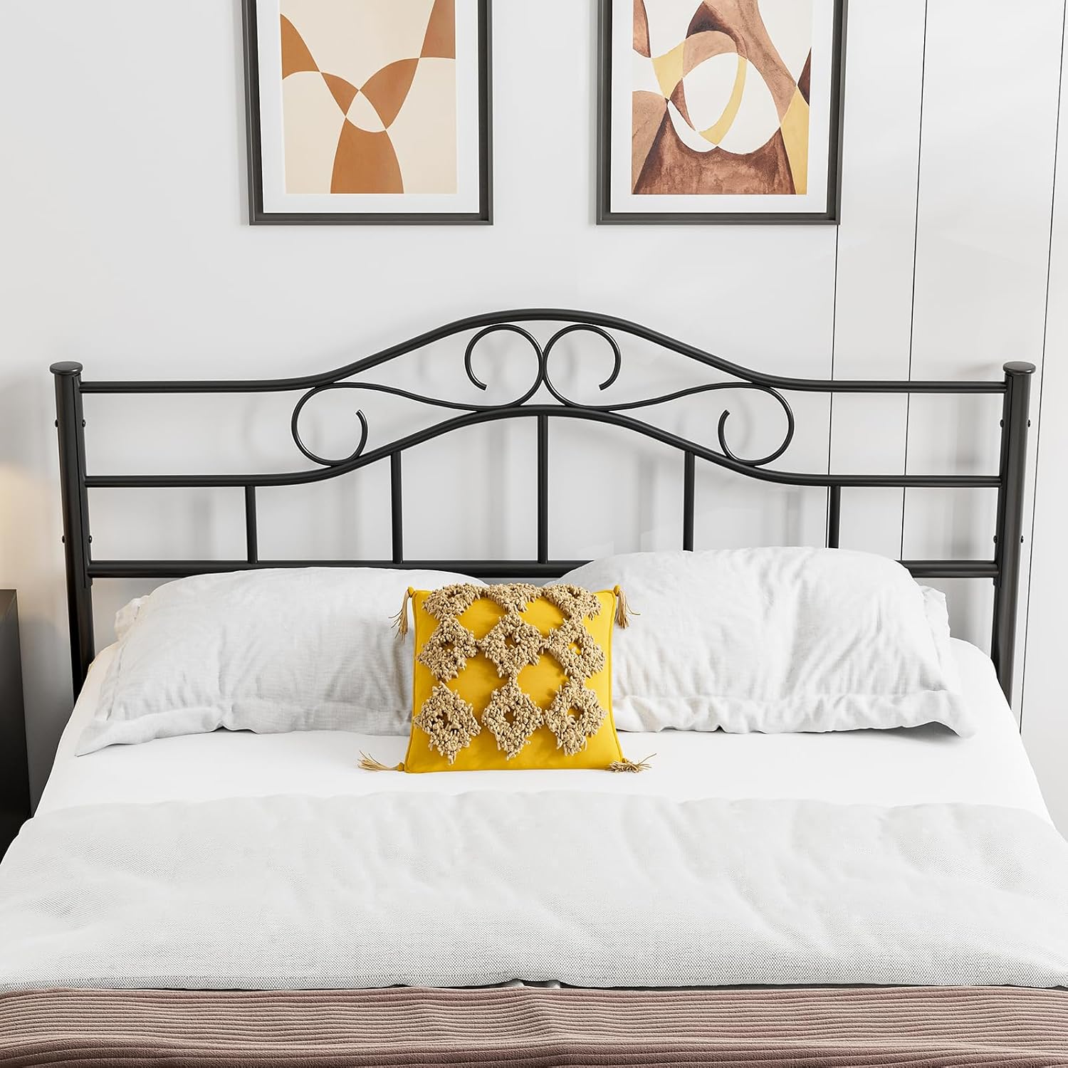 IKIFLY Metal Queen Size Headboard, Adjustable Height, Heavy Duty Steel Curved Queen Headboard Only for Bedroom, Farmhouse Scrollwork Design, Easy Assembly, Attach Frame, Black