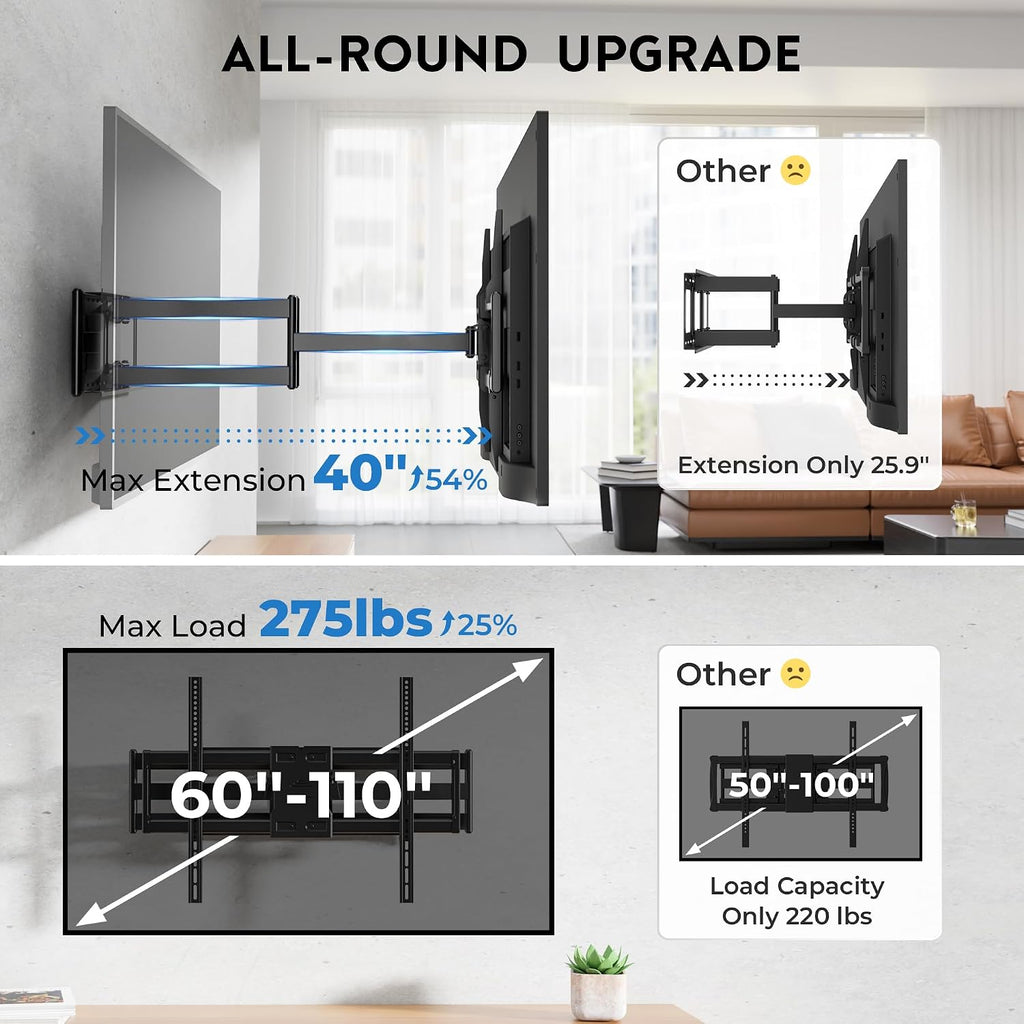 Heavy Duty TV Wall Mount with Extra Long Extendable Arm for 60–110 Inch TVs, Holds Up to 275lbs, Full Motion Bracket with Corner Swivel and Tilt, Max VESA 800x600mm, Fits 24' Studs, Wide Compatibility