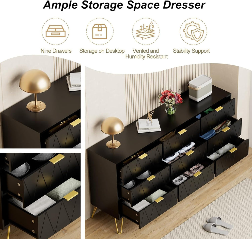 UEV Black Dresser for Bedroom,Modern 9 Drawer Triple Dresser with Gold Accents,Long Storage Organizer for TV Stand & Closet,Large Chest of Drawers for Living Room,Hallway,Entryway