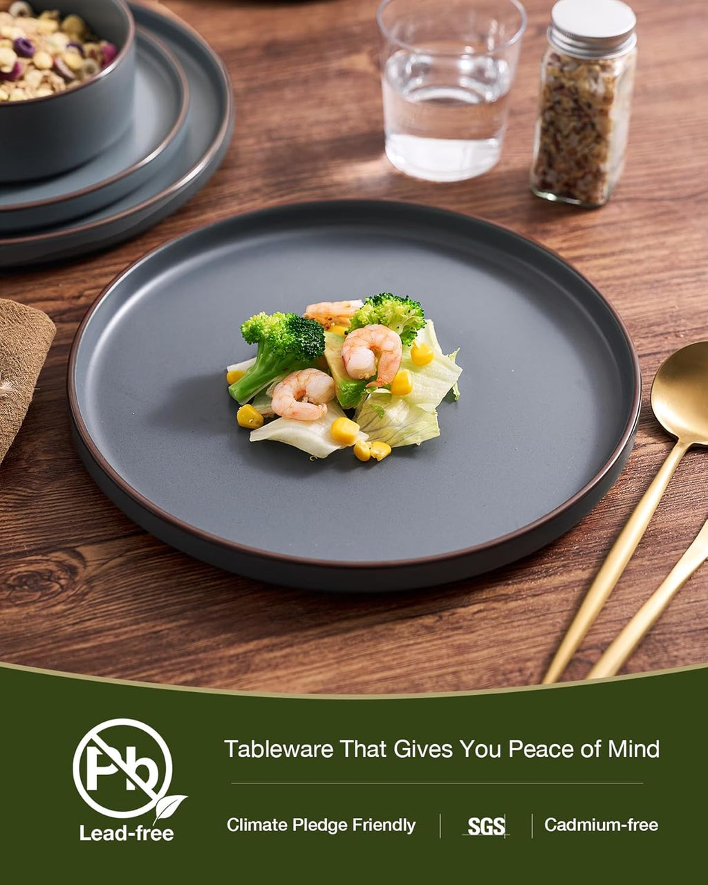 Famiware Nebula Ridge Stoneware Dinnerware Sets with Pasta Bowls, Plates and Bowls Sets, Service for 6 (24 Pieces), Microwave and Dishwasher Safe Kitchen Plates, Charcoal