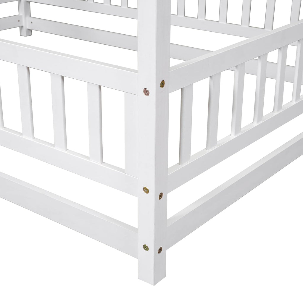 Bellemave Full Size House Floor Bed,Wooden Montessori Bed with Fence and Roof for Kids,Playhouse Full Bed Frame for Girls,Boys(Full,White)