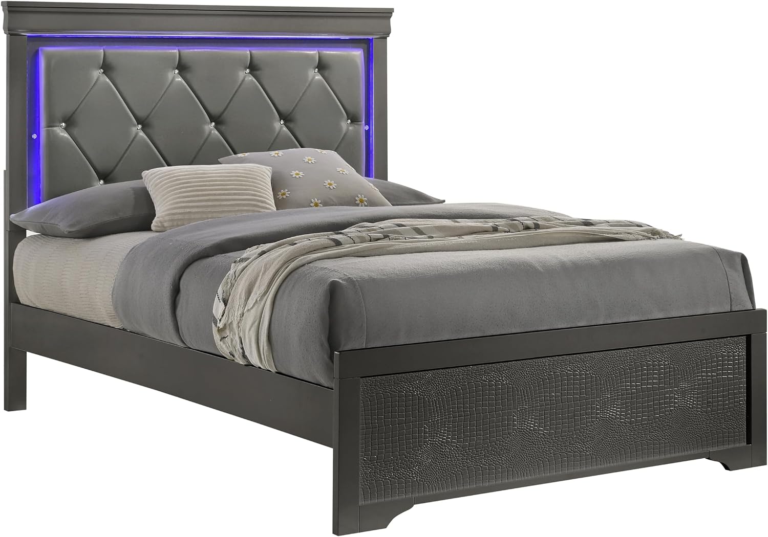 Upholstered 5 Pc Full Bedroom Set with LED Headboard Made with Wood in Metallic Gray