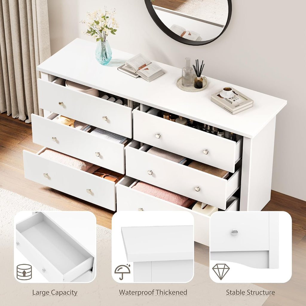 YESHOMY 6 Drawer Dresser for Bedroom, 47.2'' Wood White Dresser, Chest of Drawers Storage Organizer, TV Stand for 55 inch TV, for Living Room, Hallway, Closet