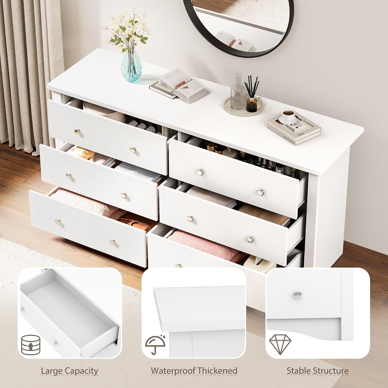 YESHOMY 6 Drawer Dresser for Bedroom, 47.2'' Wood White Dresser, Chest of Drawers Storage Organizer, TV Stand for 55 inch TV, for Living Room, Hallway, Closet