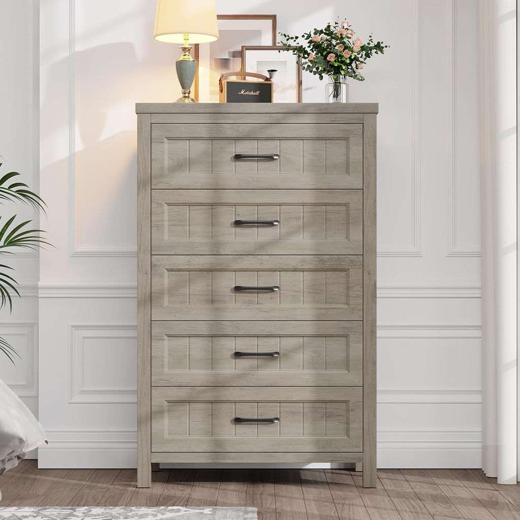 Jocoevol 5 Drawer Dresser for Bedroom - Farmhouse 44.9' Tall Chest of Dresser with Large Storage, Rubst Wood Construction for Living Room, Hallway & Entryway - Gray