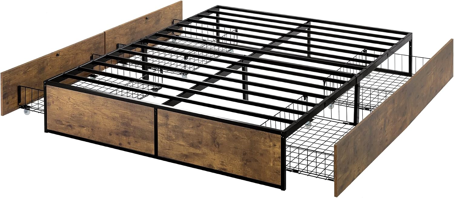 SHA CERLIN Full Size Bed Frame with Storage, 4 Extra Large Drawers on Wheels, Mattress Foundation, Strong Metal Slat Support, No Box Spring Needed, Easy Assembly