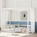 Twin Size Canopy Bed Frame with Guardrails for Kids,Floor Bed Twin with Four Poster Design,Kids Montessori Floor Bed,Wood Canopy Bed Frame for Girls,Boys(Twin,White)