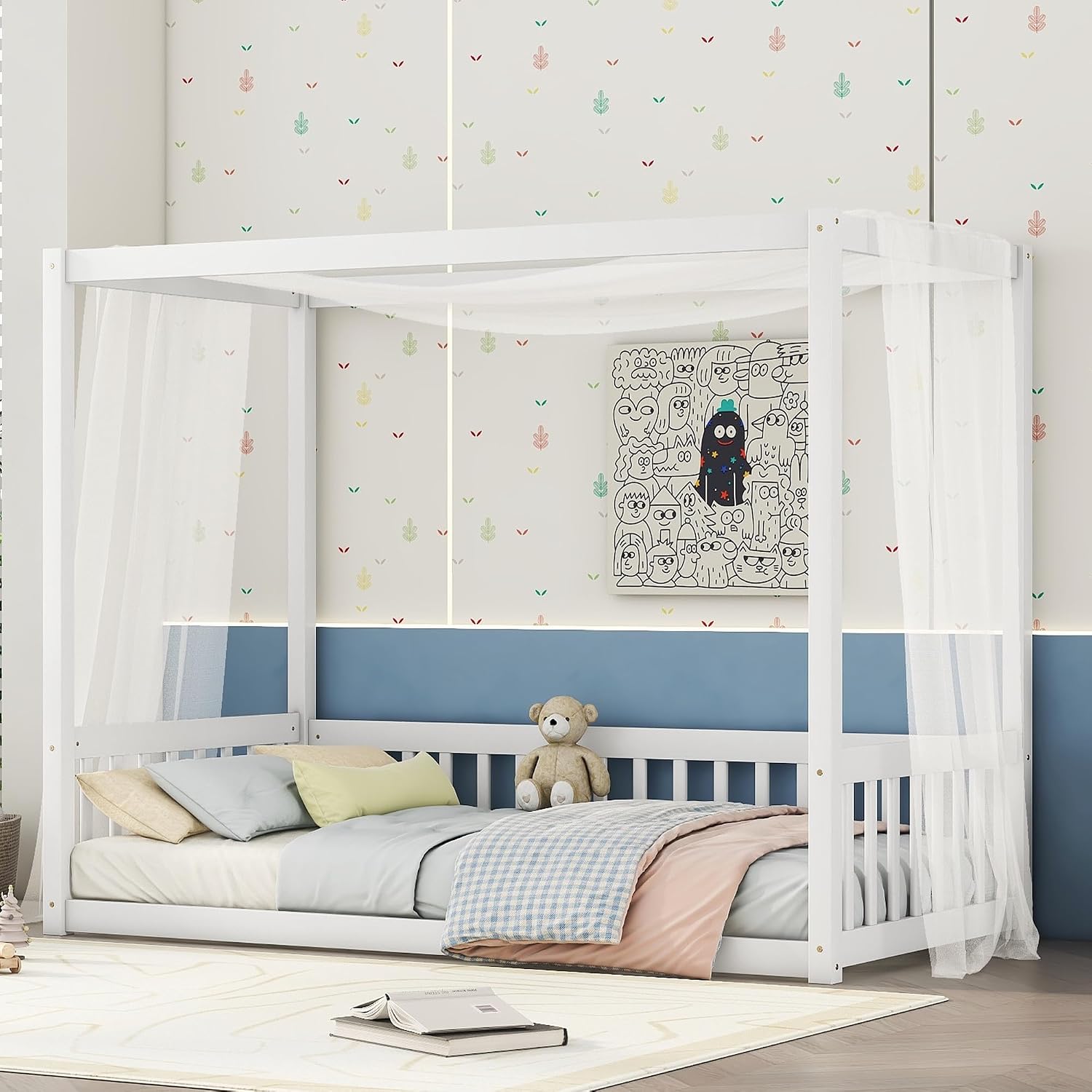 Twin Size Canopy Bed Frame with Guardrails for Kids,Floor Bed Twin with Four Poster Design,Kids Montessori Floor Bed,Wood Canopy Bed Frame for Girls,Boys(Twin,White)
