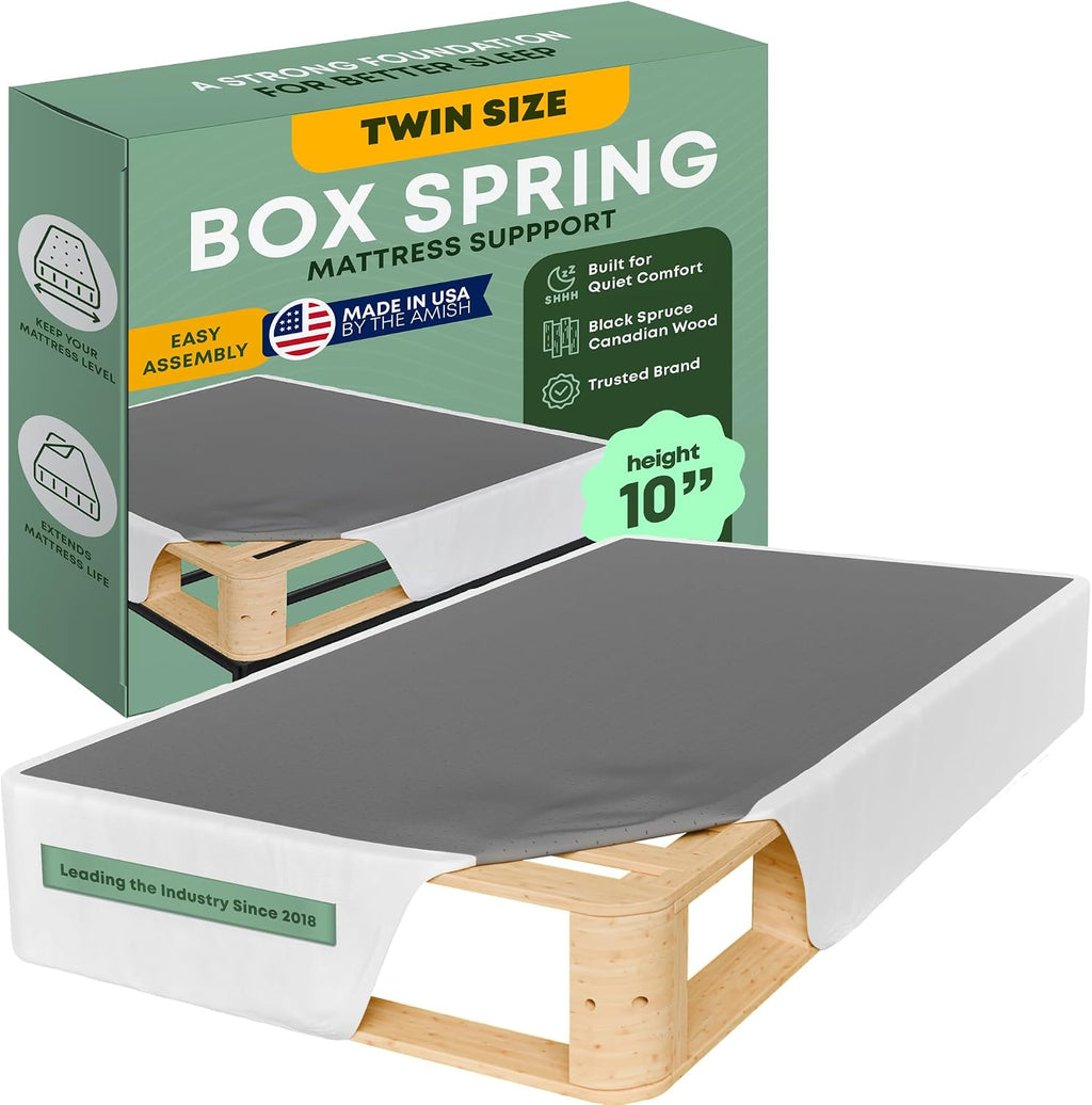 Greaton, 10' Twin Box Spring Only for Twin Size Bed – Amish-Made in the USA – Solid Wood Mattress Foundation with Stable & Quiet Support – Flat-Packed & Easy Assembly – White