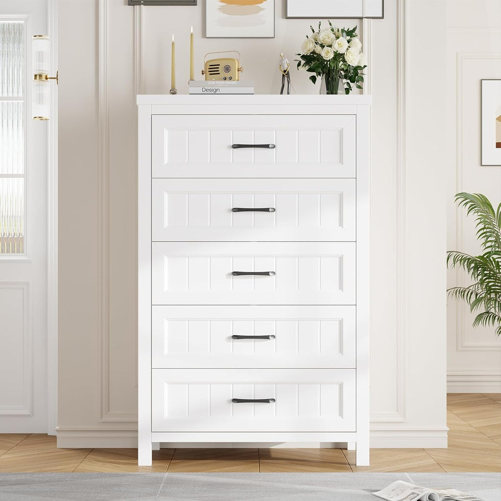 Jocoevol 5 Drawer Dresser for Bedroom - Farmhouse 44.9' Tall Chest of Dresser with Large Storage, Rubst Wood Construction for Living Room, Hallway & Entryway - White