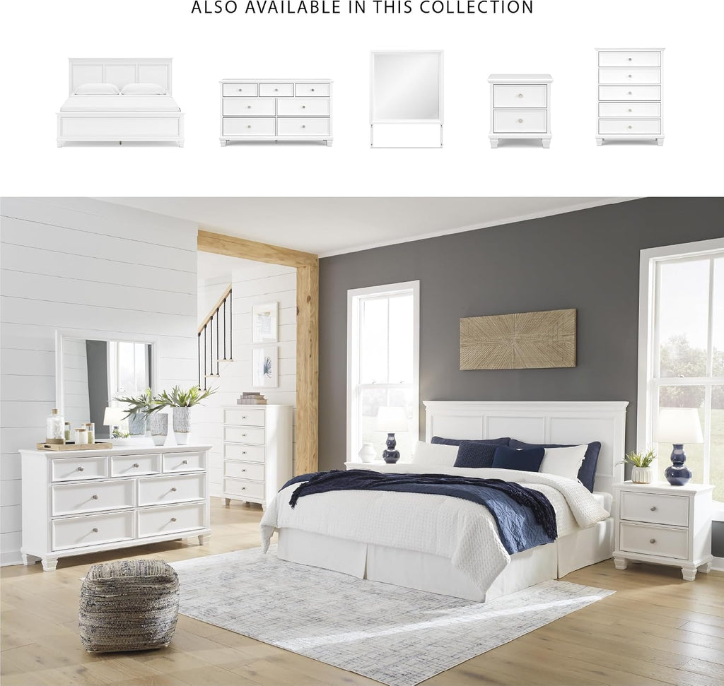 Signature Design by Ashley Fortman Casual Dresser and Mirror, Tapered Feet, 7 Storage Drawers, Round Satin Nickel Metal Knobs, Wood, 74.13' High, White