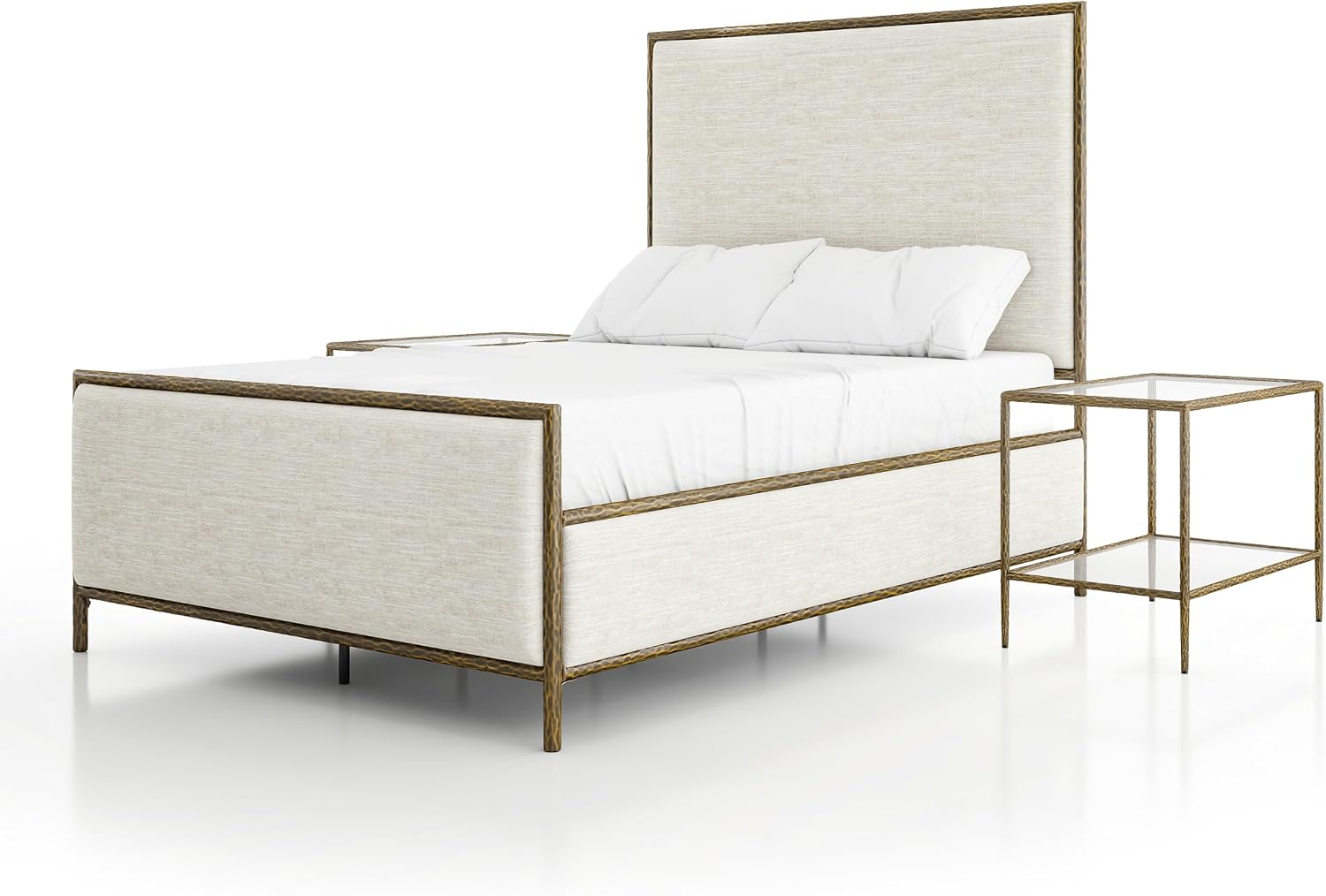 24/7 Shop at Home Lalia Hammered Metal 3-Piece Bedroom Collection, Upholstered Bed Frame with Beige Fabric Headboard, Forged Steel and 1-Shelf Nightstands, Foundation Required, Full, Matte Gold