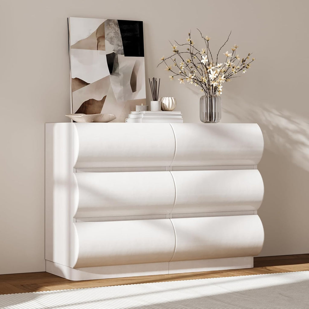 homary Modern 6 Drawers Dresser, 39.4' Wide Faux Leather Chest of Drawers with Modern Design, Storage Dressers Organizer for Bedroom Living Room Hallway, White