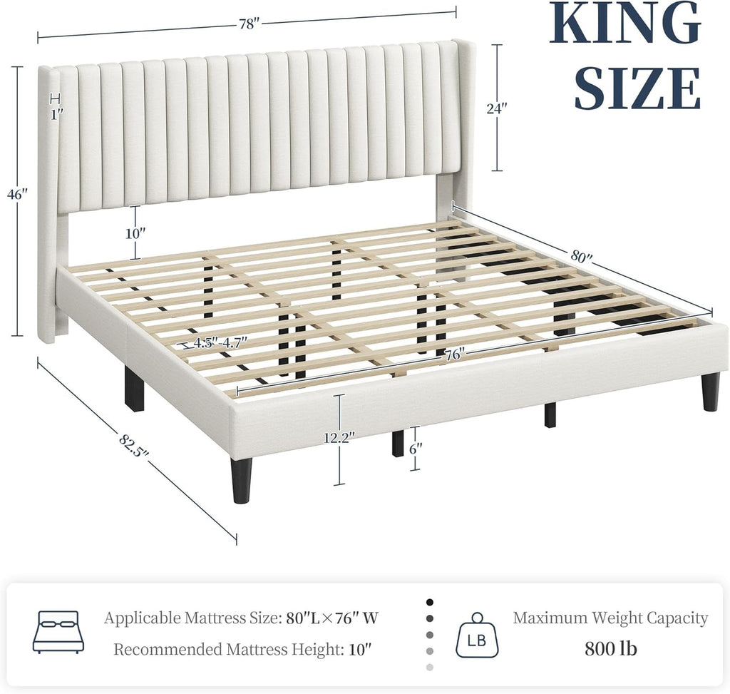 Yaheetech King Bed Frame Upholstered Platform Bed with Fabric Headboard, Wing Edge Design/Non-Slip and Noise-Free/Wooden Slats Support/No Box Spring Needed/Easy Assembly, Beige King Bed