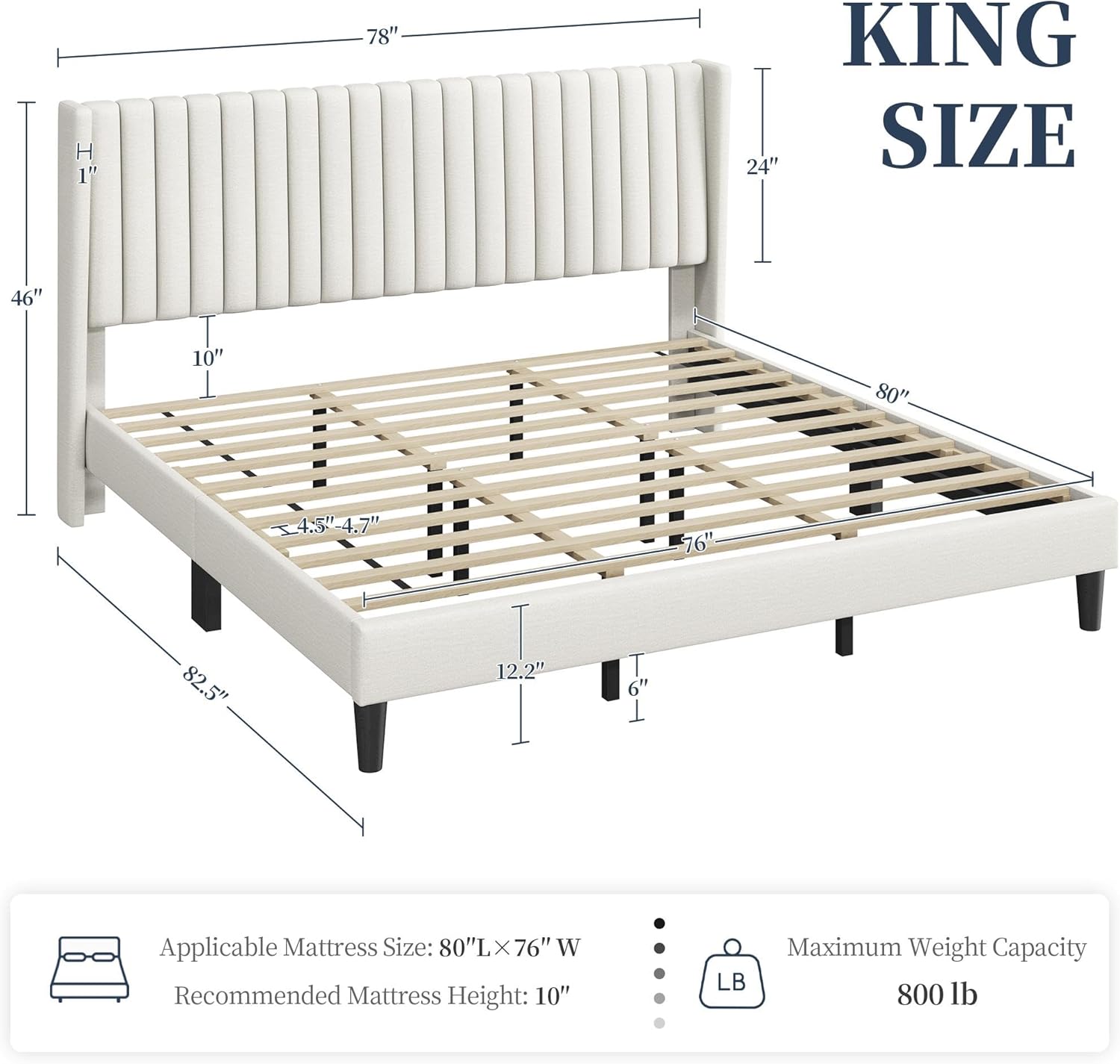 Yaheetech King Bed Frame Upholstered Platform Bed with Fabric Headboard, Wing Edge Design/Non-Slip and Noise-Free/Wooden Slats Support/No Box Spring Needed/Easy Assembly, Beige King Bed