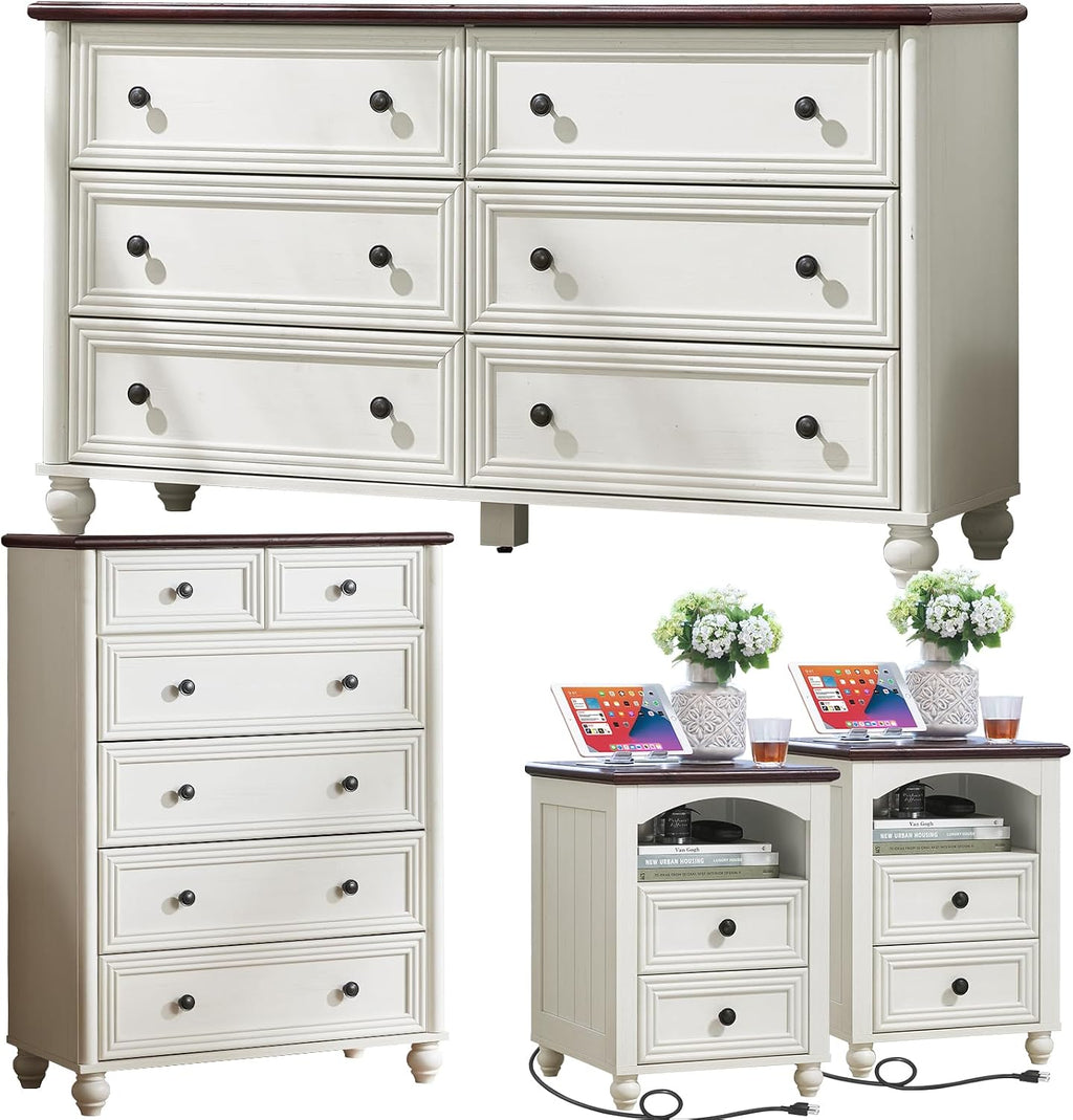Farmhouse Dressers & Night Stand Set of 4, Wood 54' Wide Dresser & 43.5'Tall Chest of Drawers, 18' with Charging Station Nightstand Set of 2, Bedroom Furniture Dresser Set for Home Living Room Hallway