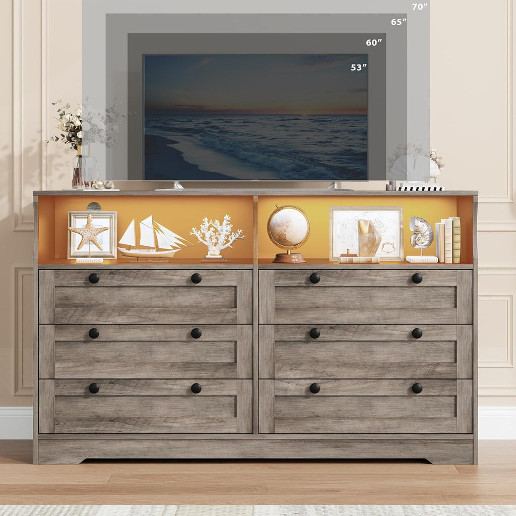 Garvee 6 Drawer Dresser for Bedroom, with RGB LED Lights & Power Outlet, 55' Wide Chests of Drawers Dresser TV Stand for 55 Inch TV, for Closet, Living Room, Entryway