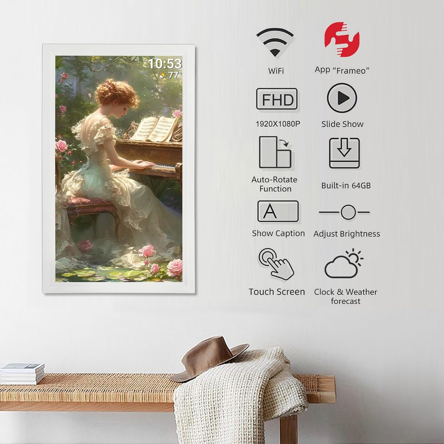 21.5inch FRAMEO Digital Photo Frame with 1920x1080 FHD IPS LCD Touch Screen, Dual-WiFi Share Moments via Frameo, 32GB Storage, USB Drive/SD Card Extend Storage, Auto-Rotate, Wall Mountable with VESA