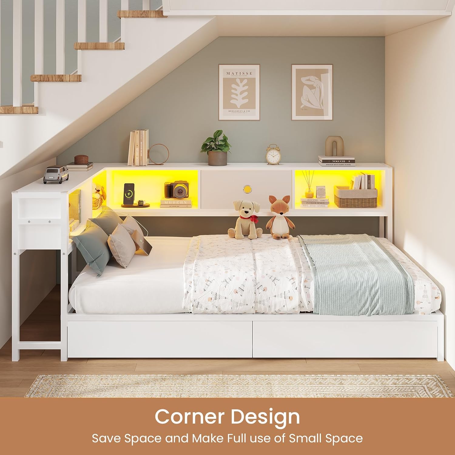 DICTAC Twin Corner Bed Frame with Storage Drawers and Bookcase Twin Size Metal Corner Platform Bed Frame with Led Lights and Charging Station Twin Size Daybed for Kids and Teen,Saving Space,White