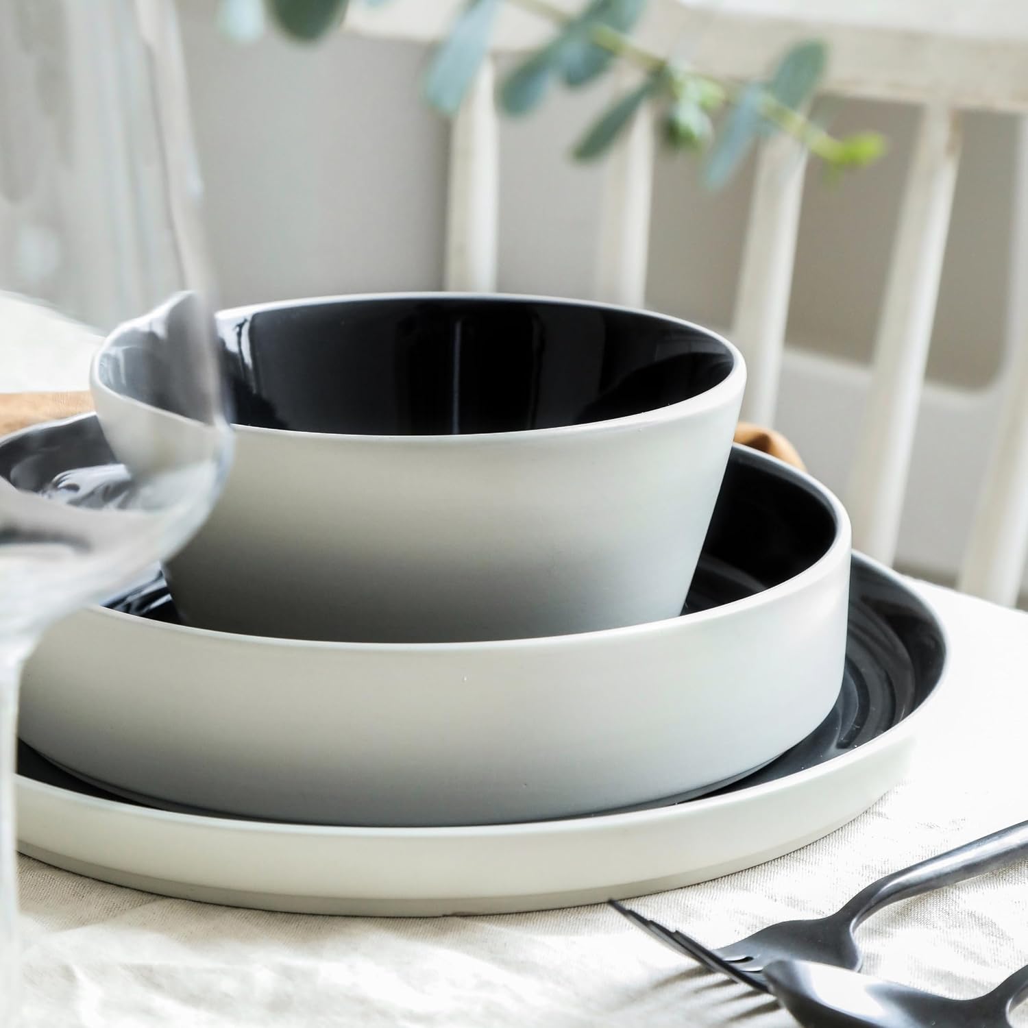 Stone Lain Elica 24-Piece Modern Dinnerware Set Stoneware, Plates and Bowl Sets for 8, Black and Beige