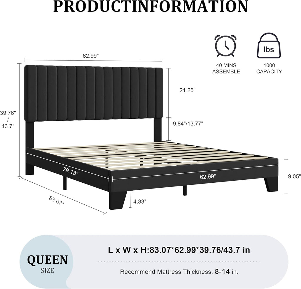 Queen Size Bed Frame, Velvet Upholstered Platform Bed with Adjustable Tufted Headboard, Sturdy Frame and Slats, Noiseless, No Box Spring Required, Easy to Assemble, Black