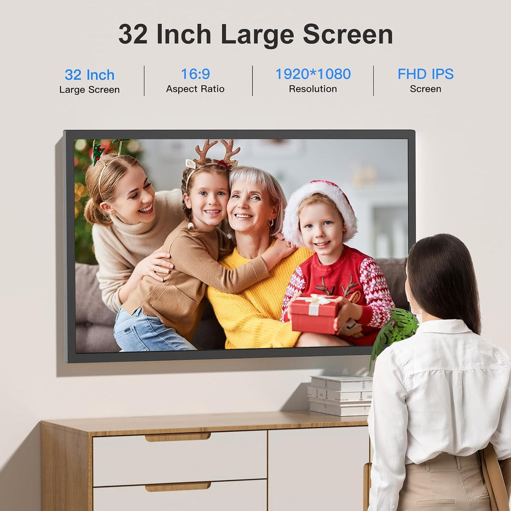 32-inch Digital Photo Frame Large-Picture-Frame - FHD IPS, Dual-WiFi, Remote Control, Smarthphone Sync Screen, Load Photo from Phone via APP Email, Free Cloud,Wall Mounted for Photo Gallery Home Decor