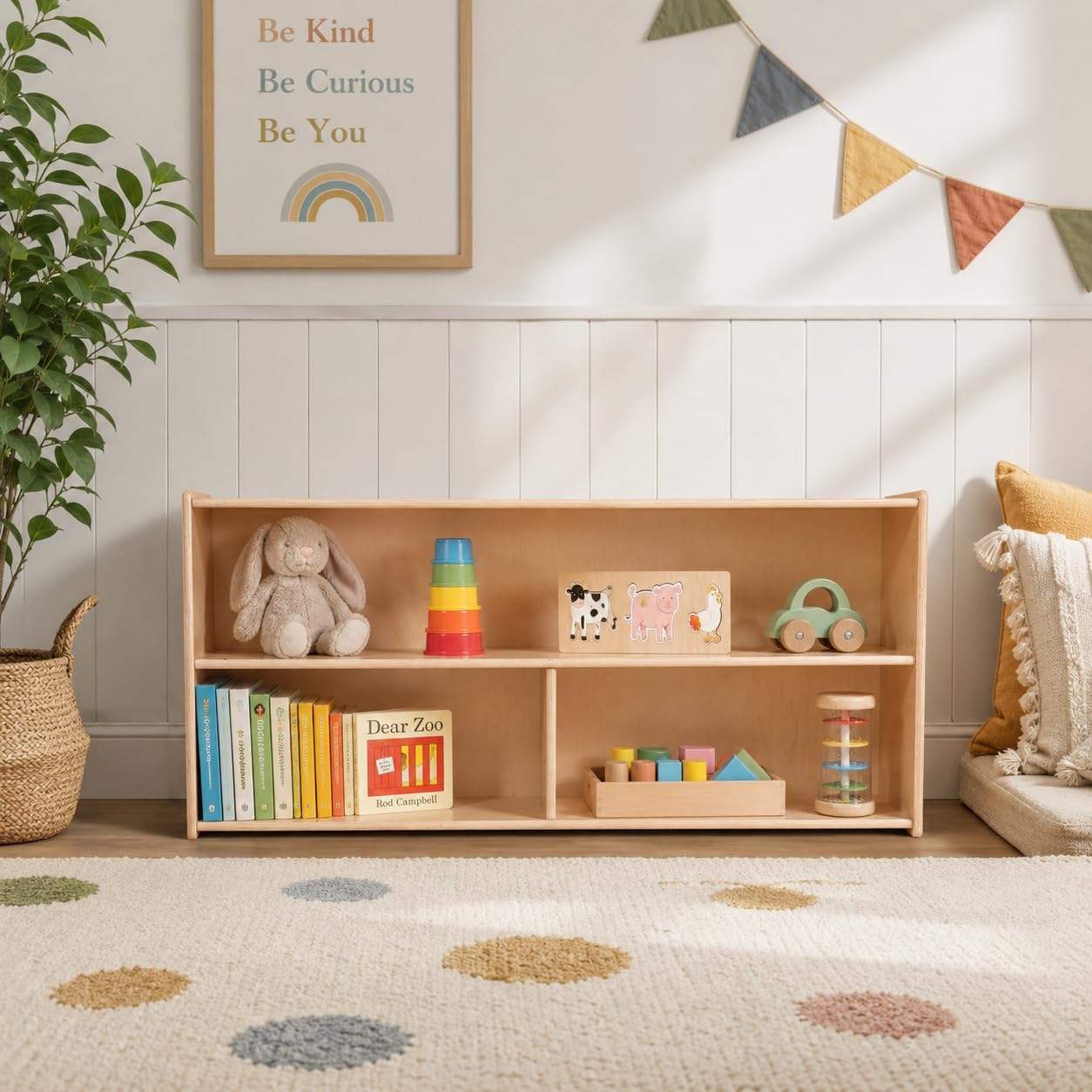 2-Shelf Kids Bookshelf & Toy Storage Organizer | 3-Section Montessori Shelves for Home & Classroom Organization & Storage