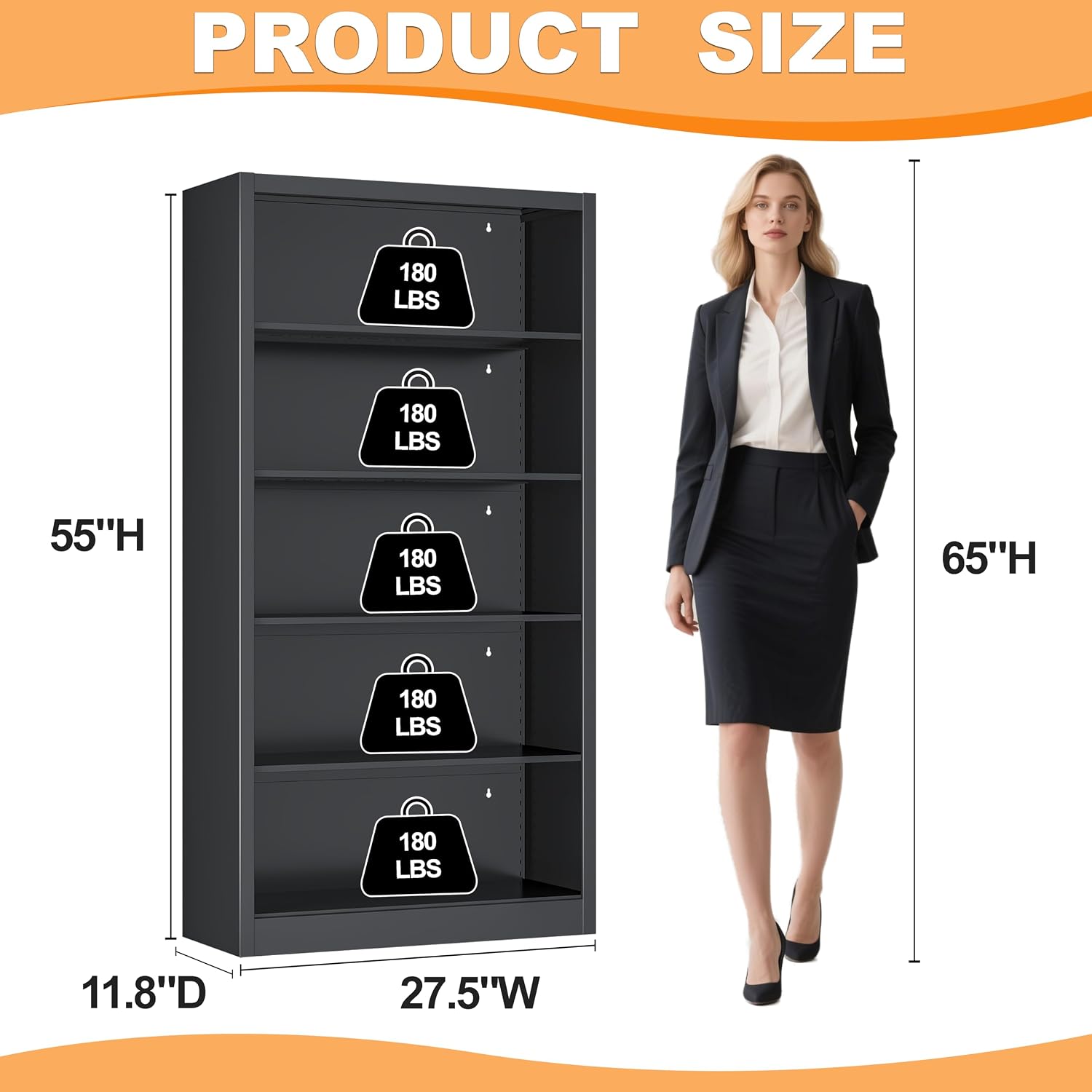 VASAAOSD Black Bookshelf, 55' Adjustable Tall Metal Bookshelf, 5-Tier Toy Storage Organizer with Anti-Tilt Device, Modern Book Cases and Book Shelves for Bedroom, Playroom, Classroom, Study