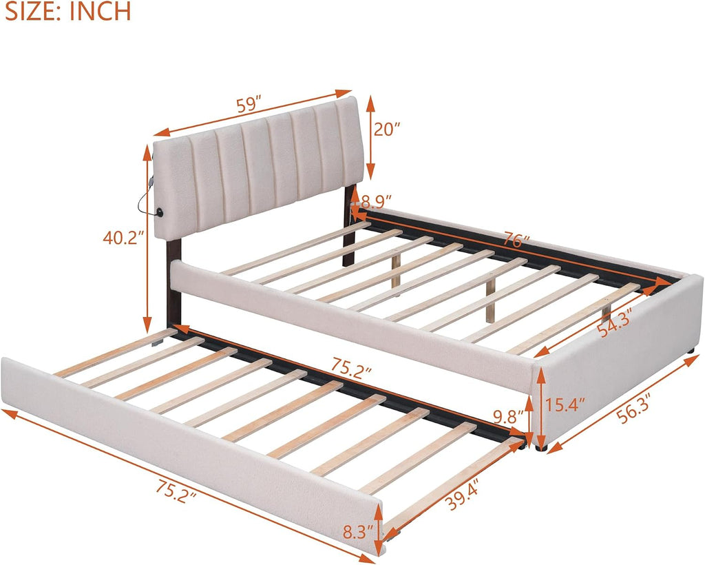 Teddy Fleece Full Size Upholstered Platform Bed Frame for Boys Girls Kids Adults Toddler with Trundle, Beige