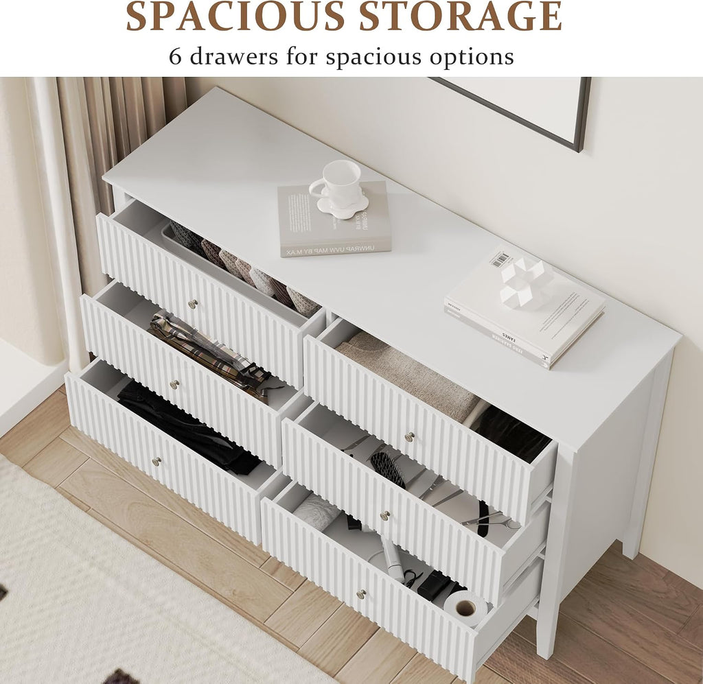 RoyalCraft White 6 Drawer Dresser for Bedroom, Fluted Painted Wood Chest of Drawers, Modern TV Stand Storage Cabinet for Living Room, Entryway, 47' W x 16' D x 32' H