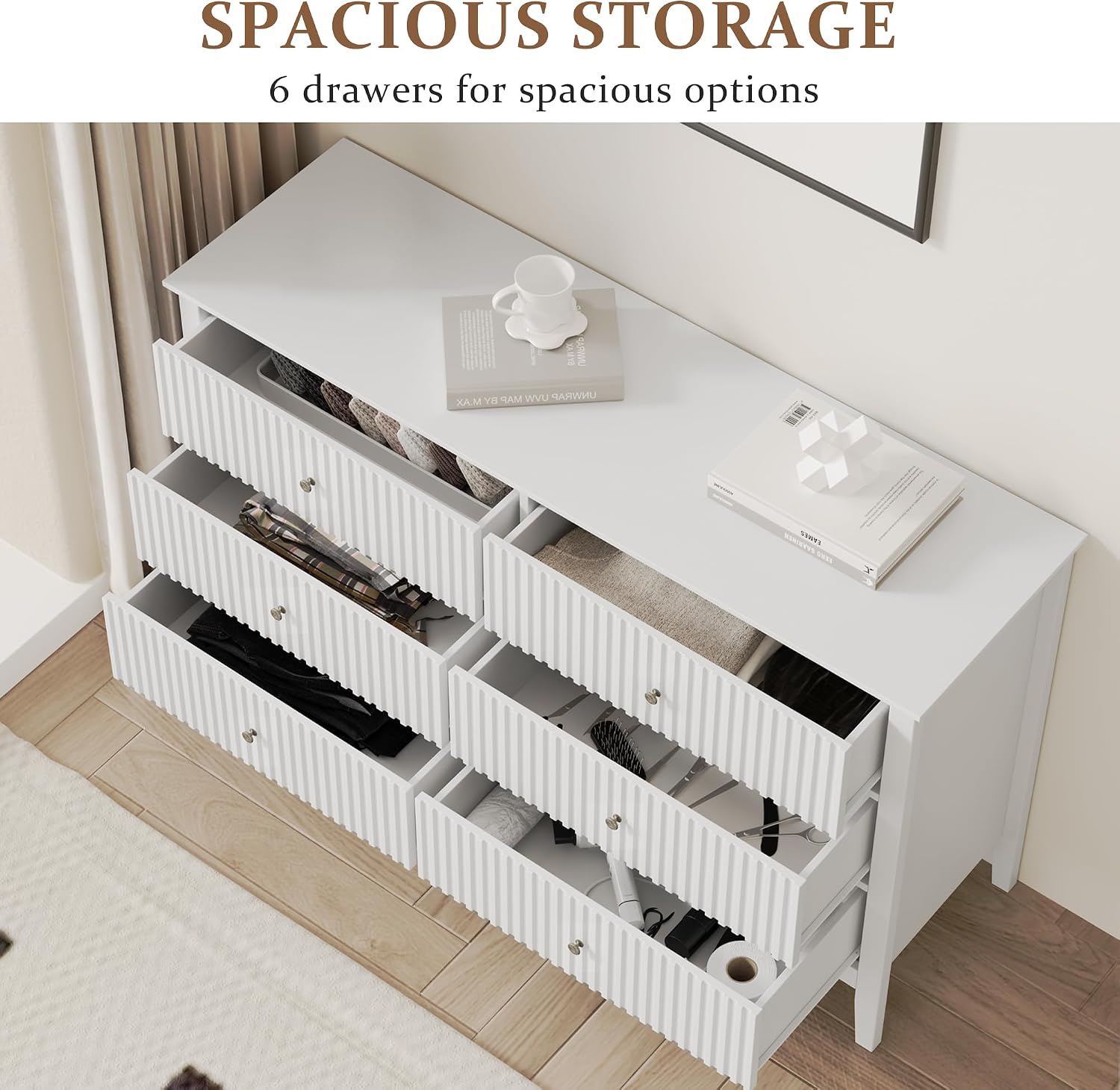 RoyalCraft White 6 Drawer Dresser for Bedroom, Fluted Painted Wood Chest of Drawers, Modern TV Stand Storage Cabinet for Living Room, Entryway, 47' W x 16' D x 32' H