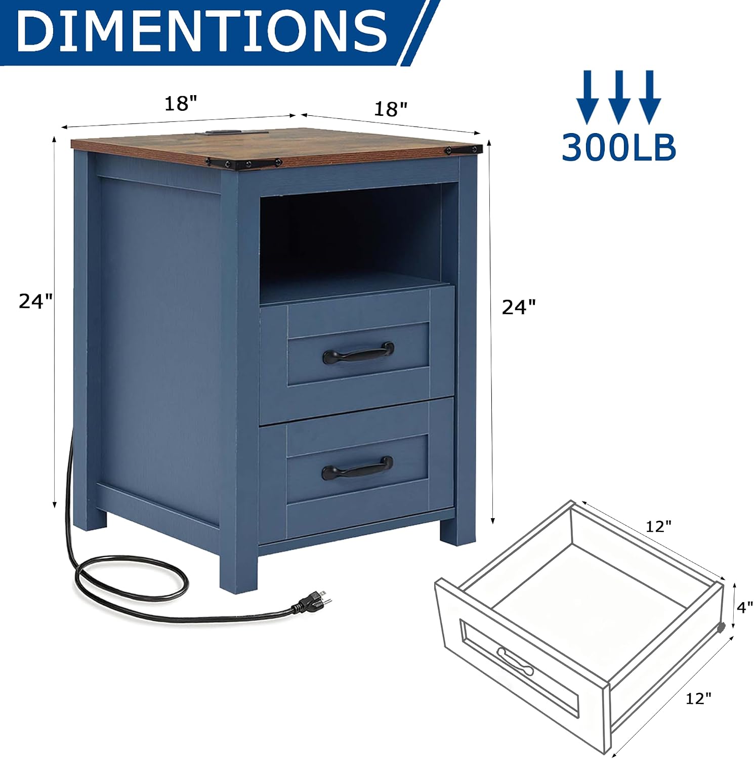 Farmhouse Night Stand Set of 2, Rustic Blue Nightstand for Bedroom, End Tables with Charging Station, Bedside Table with Drawers, Wood Bedside Cabinet Dresser
