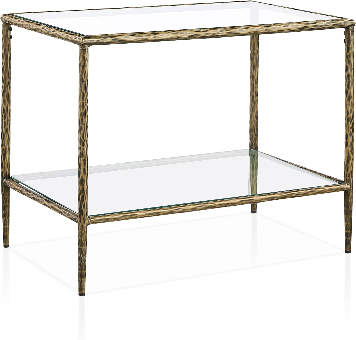 24/7 Shop at Home Lalia Hammered Metal 3-Piece Bedroom Collection, Upholstered Bed Frame with Beige Fabric Headboard, Forged Steel and 1-Shelf Nightstands, Foundation Required, Full, Matte Gold