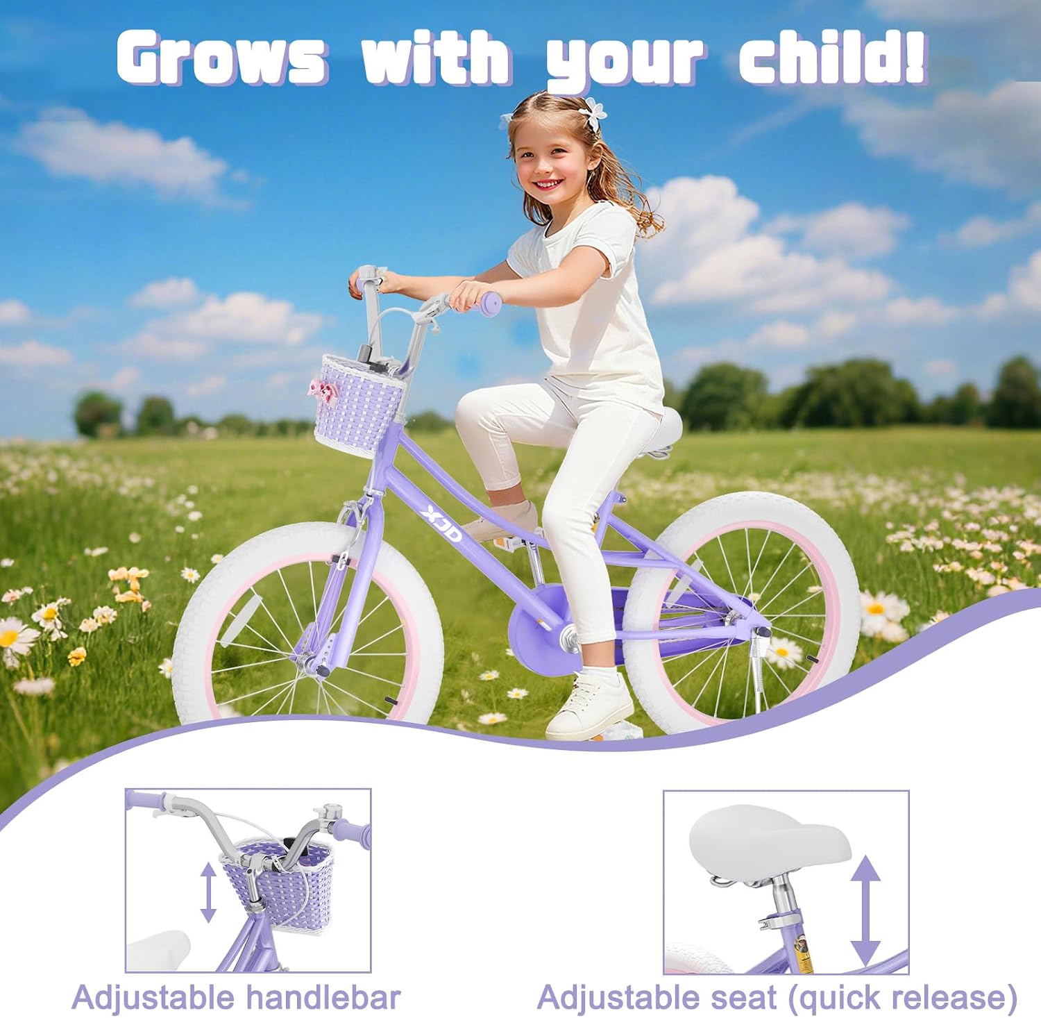 XJD Girls Bike for 3-12 Years Old Girls, 12 14 16 20 Inch Kids Bike with Training Wheels, Adjustable Seat Height, Coaster Brake, Streamers Basket