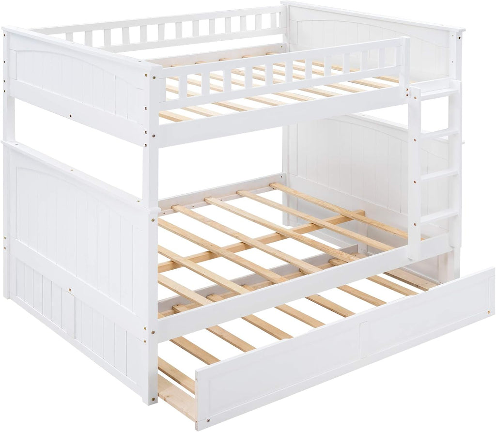 SOFTSEA Full Over Full Bunk Bed with Trundle for 3, Wood Bunk Beds with Trundle for Kids Teens, Divided Into Two Separate Full Beds, Space Saving, No Box Spring Needed, White