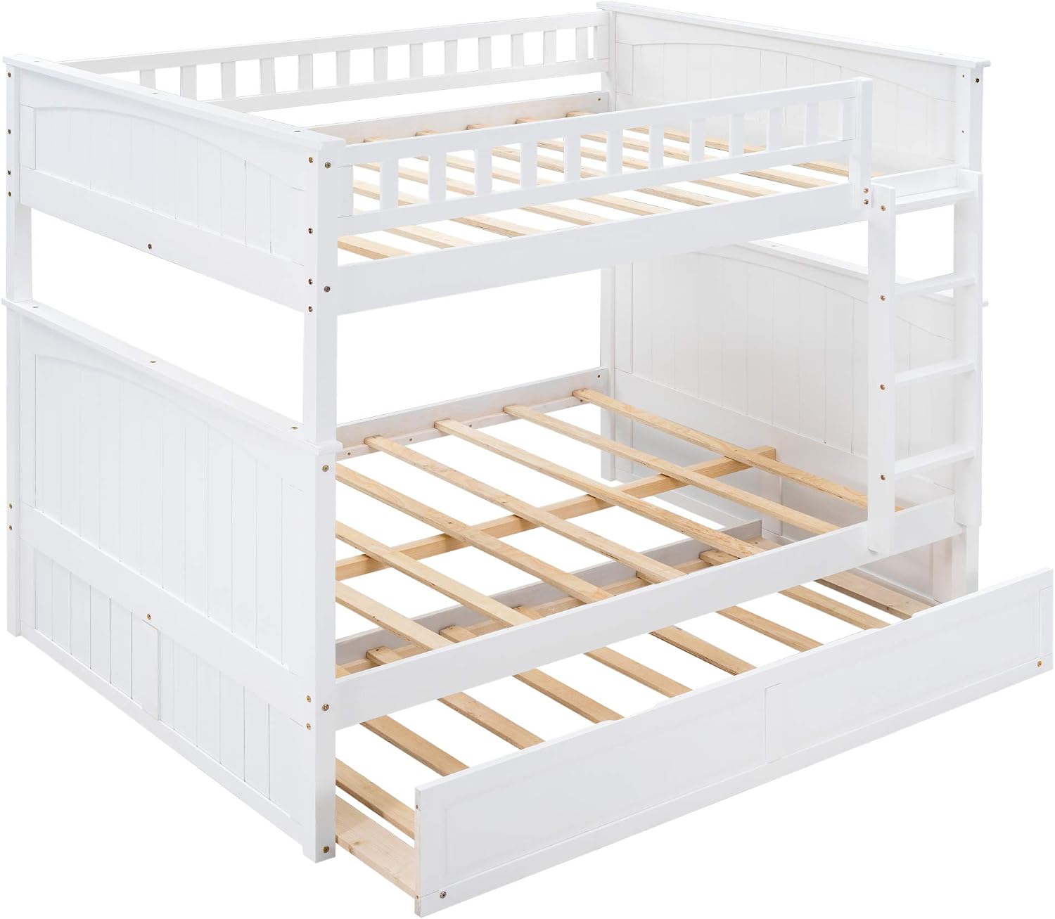 SOFTSEA Full Over Full Bunk Bed with Trundle for 3, Wood Bunk Beds with Trundle for Kids Teens, Divided Into Two Separate Full Beds, Space Saving, No Box Spring Needed, White