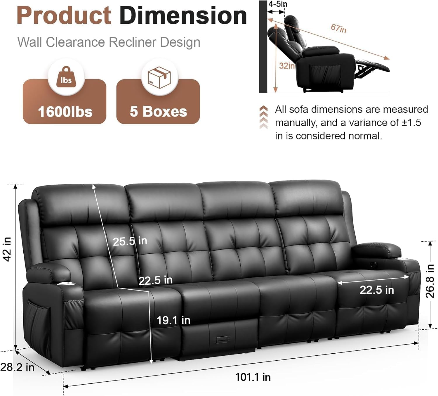 Recliner Sofa, Massage Flip Back Reclining Sofa 4 Seater Sets Heavy Weight Capacity, RV Loveseat Clearance, Recliner Couch with Storage, Cup Holders, Wall Hugger Couches for Living Room