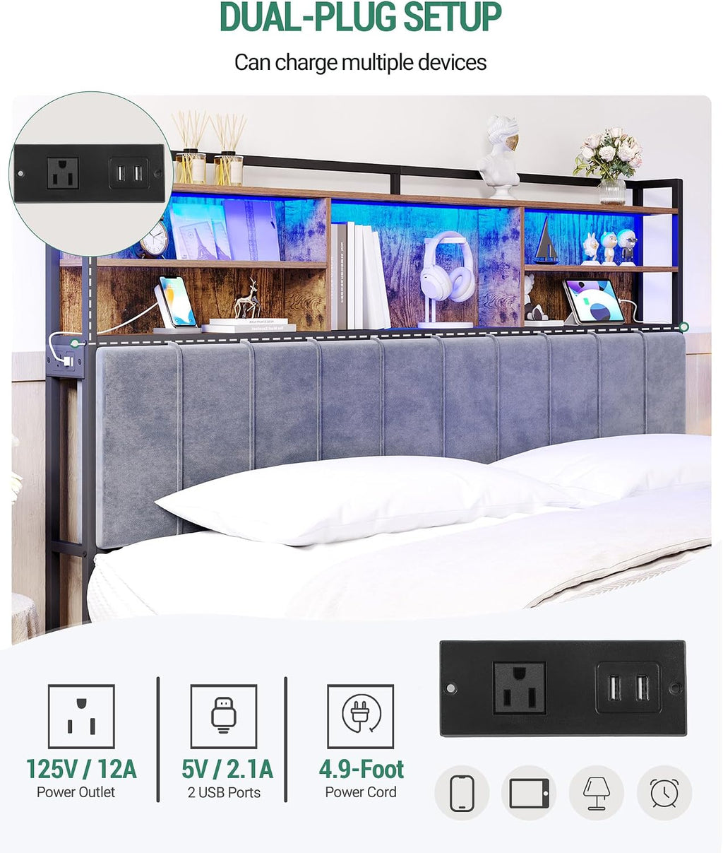 Hzuaneri Headboard with 3-Tier Storage Shelves, Velvet Upholstered Head Board with 2 Outlets, USB Ports & LED Light, Soft Backrest for King Size Bed Rustic Brown and Black BH19401B