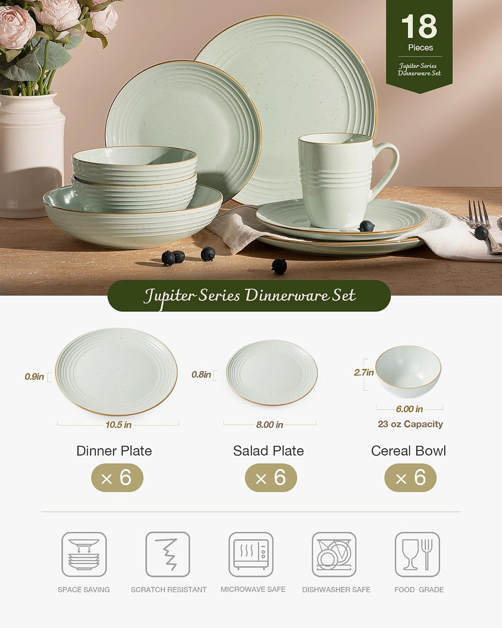Famiware Jupiter 18-Piece Stoneware Dinnerware Sets for 6 – Handcrafted Plates and Bowls with Speckles & Embossed Swirls, Chip & Scratch Resistant, Modern Rustic Dishes for Daily & Formal Use, Green