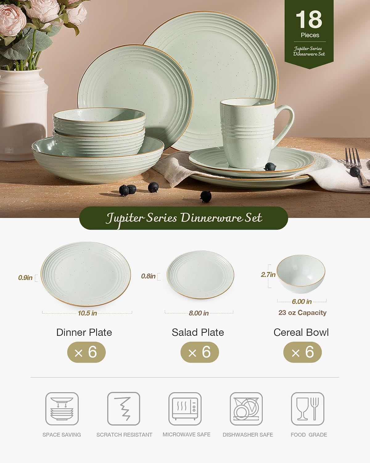 Famiware Jupiter 18-Piece Stoneware Dinnerware Sets for 6 – Handcrafted Plates and Bowls with Speckles & Embossed Swirls, Chip & Scratch Resistant, Modern Rustic Dishes for Daily & Formal Use, Green