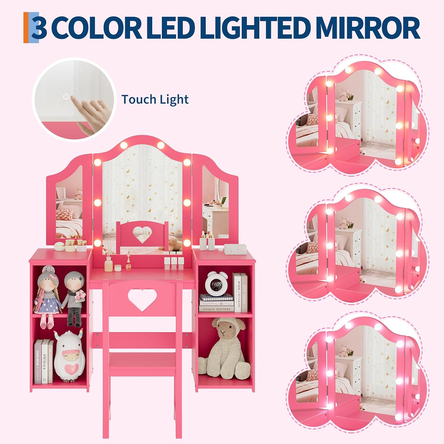 Garvee Princess Vanity Table & Chair Set for Girls with Tri-Folding Mirror, Touch Light Vanity Desk with Storage & High Back Chair - Convertible to Writing Desk, Gift for Girls