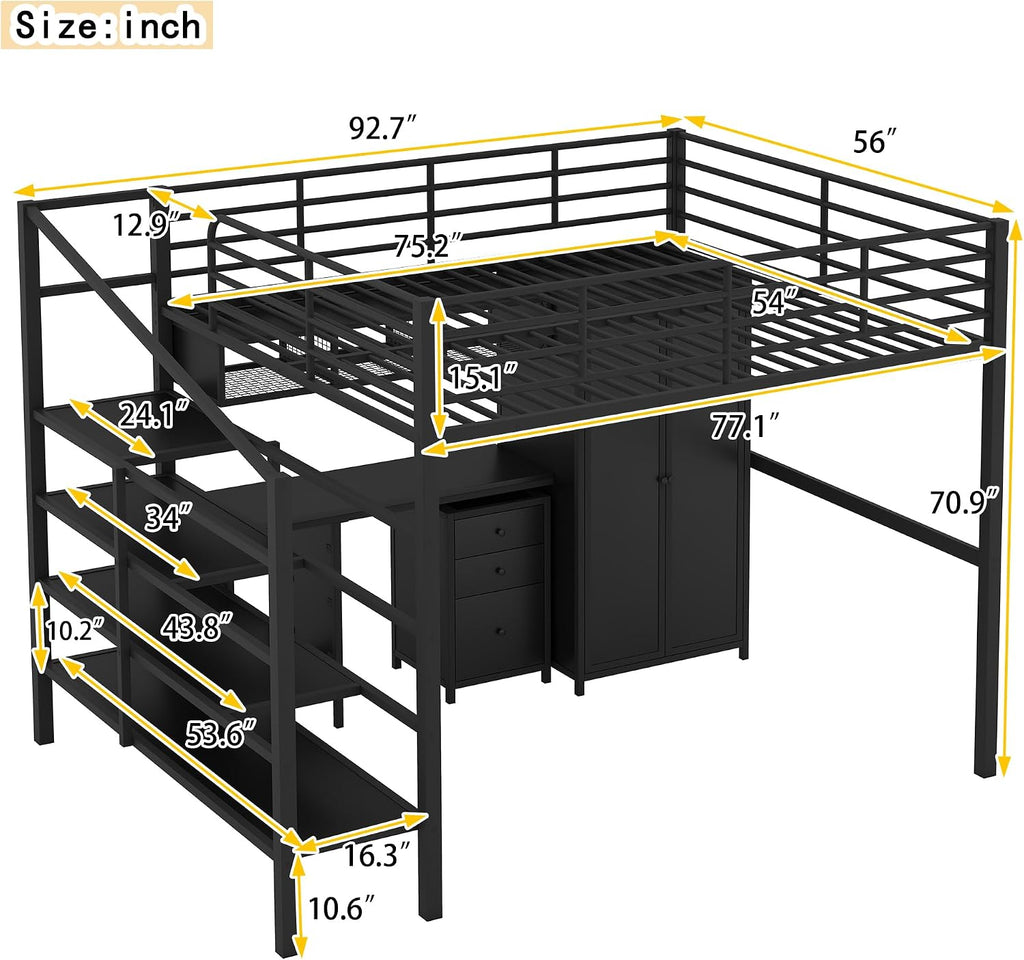Full Size Loft Bed with Table Set, Wardrobe and Drawers, Metal Loft Bed Frame with Storage Staircase and Full-Length Guardrail for Kids Teens Boys Girls Adults Bedroom (Black-04)